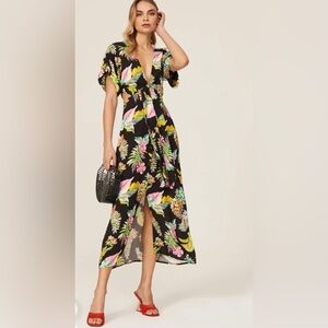 LE SUPERBE WOMENS DRESS MAI THAI BLACK FLORAL PINEAPPLE MIDI BUTTON FRONT 2